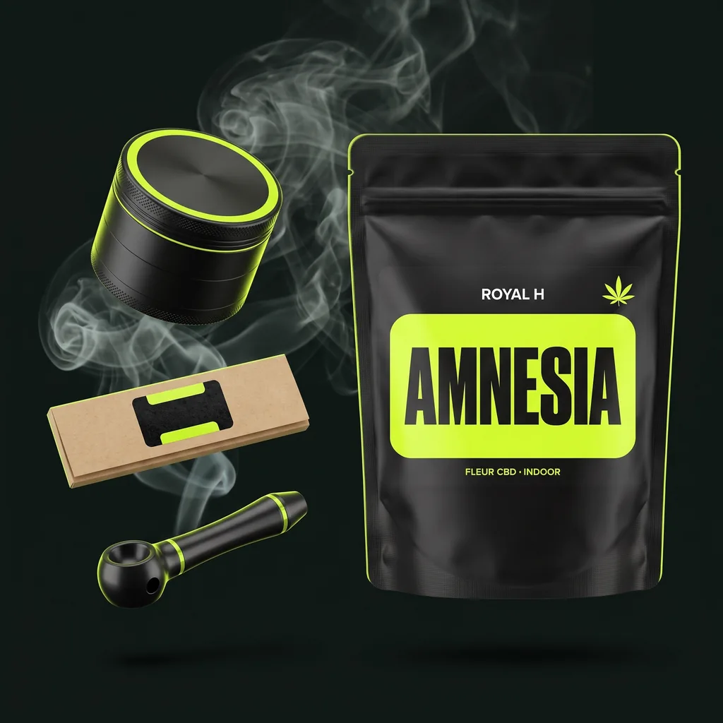 Accessoires CBD Royal H – grinder, feuilles, pipe